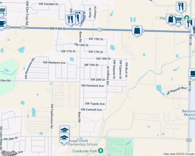 map of restaurants, bars, coffee shops, grocery stores, and more near 1915 Southwest Fremont Road in Bentonville