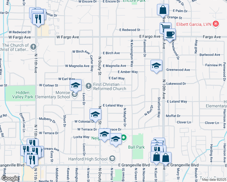map of restaurants, bars, coffee shops, grocery stores, and more near 201 East Cortner Street in Hanford