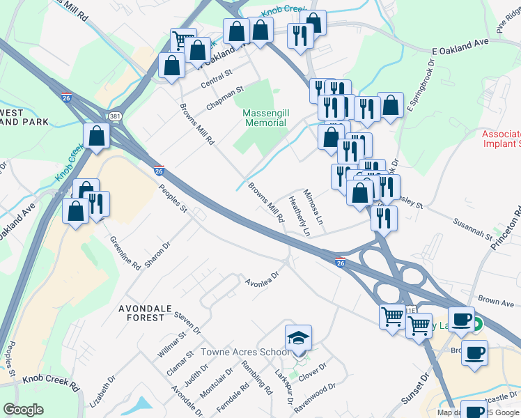 map of restaurants, bars, coffee shops, grocery stores, and more near 2611 Browns Mill Road in Johnson City