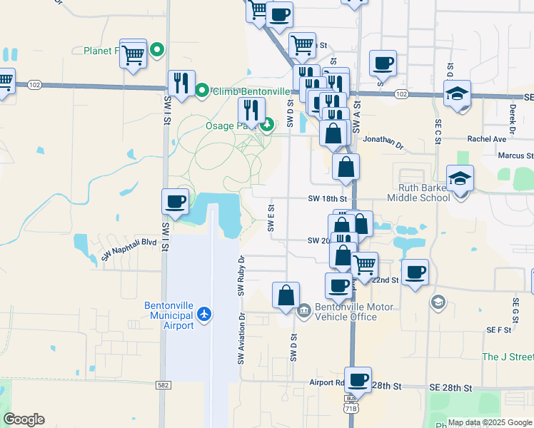 map of restaurants, bars, coffee shops, grocery stores, and more near 1806 Southwest E Street in Bentonville
