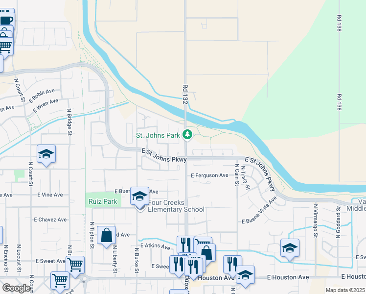 map of restaurants, bars, coffee shops, grocery stores, and more near 2410 North Charter Oak Court in Visalia