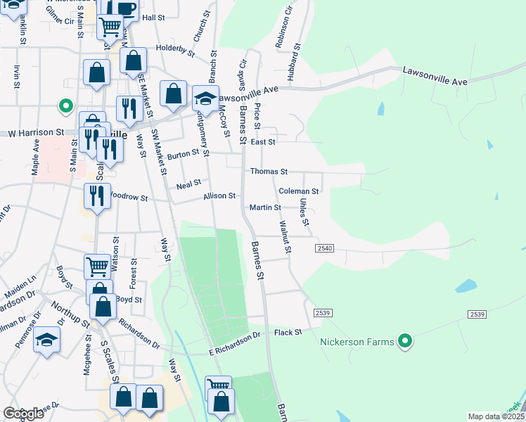 map of restaurants, bars, coffee shops, grocery stores, and more near 417 Martin Street in Reidsville