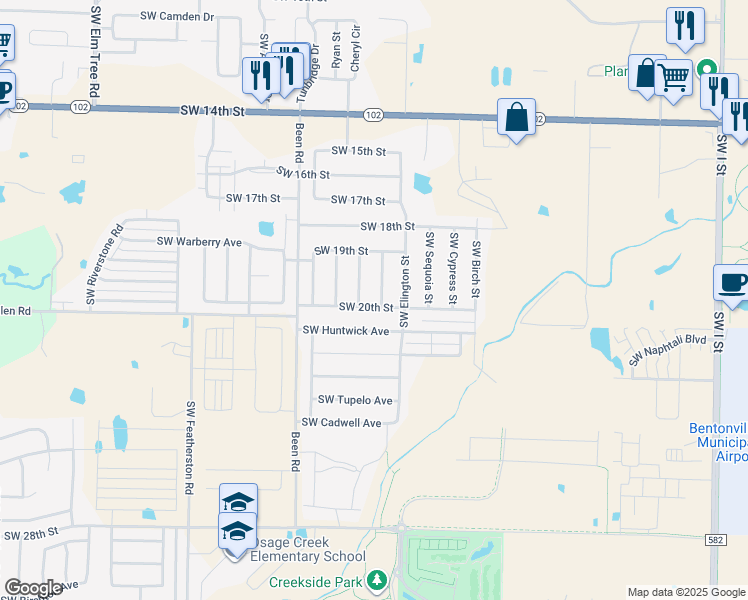 map of restaurants, bars, coffee shops, grocery stores, and more near 1914 Southwest Aspen Street in Bentonville