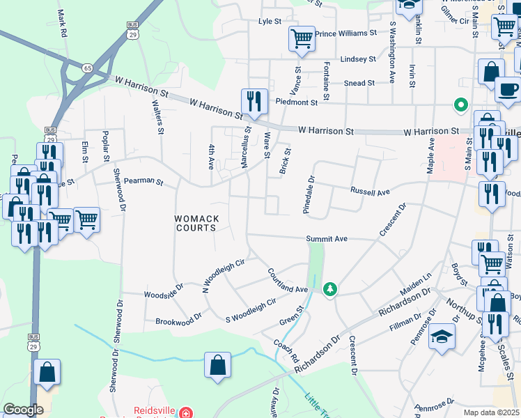map of restaurants, bars, coffee shops, grocery stores, and more near 708 Melrose Street in Reidsville