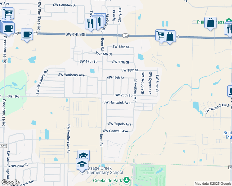 map of restaurants, bars, coffee shops, grocery stores, and more near 1915 Southwest Fremont Road in Bentonville