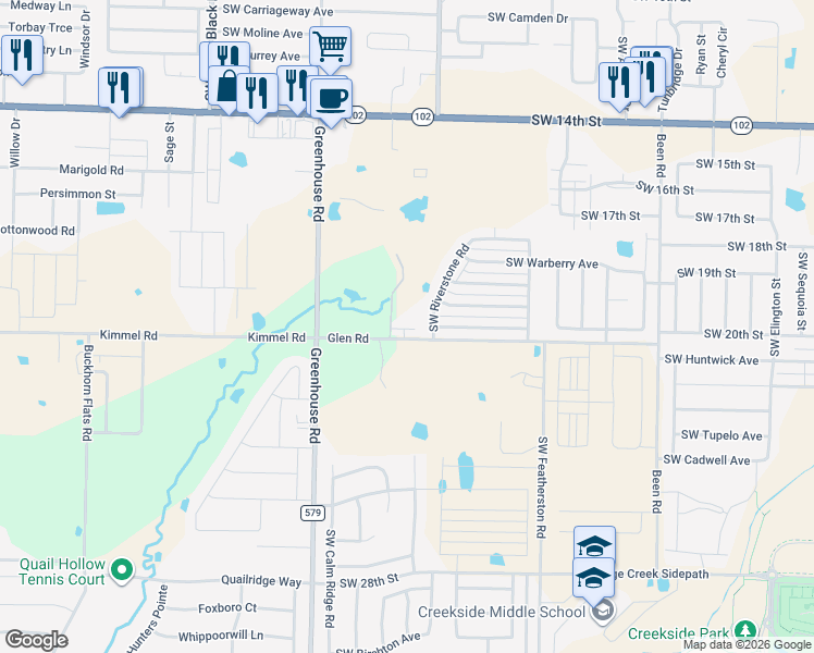 map of restaurants, bars, coffee shops, grocery stores, and more near 2100 Southwest Riverstone Road in Bentonville