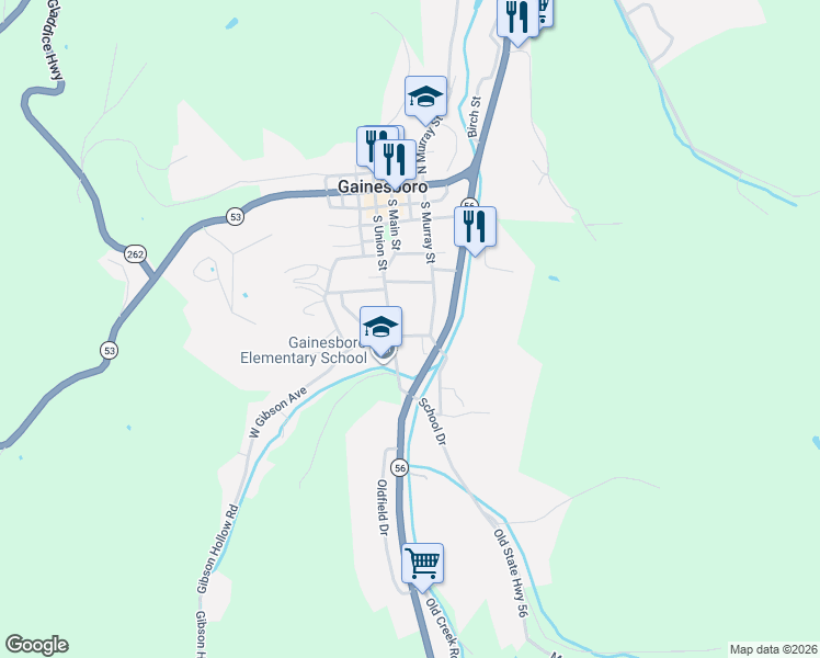 map of restaurants, bars, coffee shops, grocery stores, and more near 208 East Gipson Avenue in Gainesboro