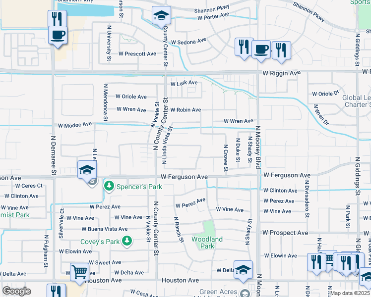 map of restaurants, bars, coffee shops, grocery stores, and more near 2643 West Oakridge Avenue in Visalia
