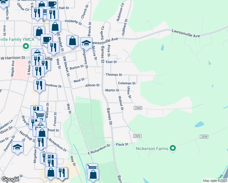 map of restaurants, bars, coffee shops, grocery stores, and more near 417 Martin Street in Reidsville