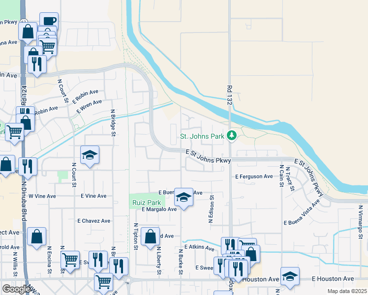 map of restaurants, bars, coffee shops, grocery stores, and more near 2328 North Burke Street in Visalia