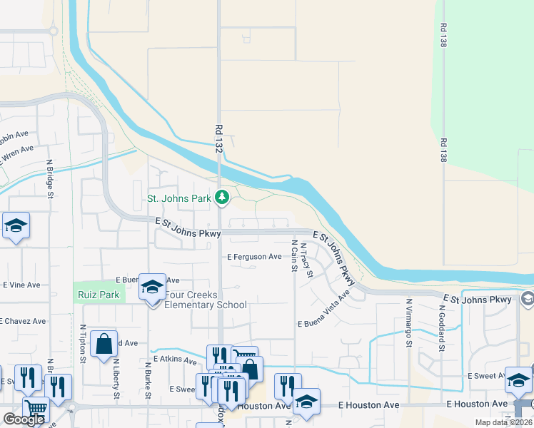 map of restaurants, bars, coffee shops, grocery stores, and more near 1600 West Sunnyview Avenue in Visalia
