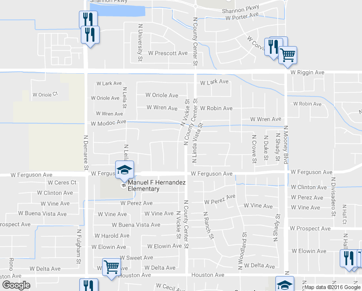 map of restaurants, bars, coffee shops, grocery stores, and more near 2338 North Vickie Court in Visalia