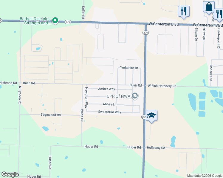 map of restaurants, bars, coffee shops, grocery stores, and more near Amber Way in Centerton