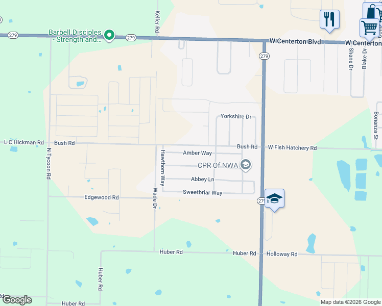 map of restaurants, bars, coffee shops, grocery stores, and more near 1641 Amber Way in Centerton