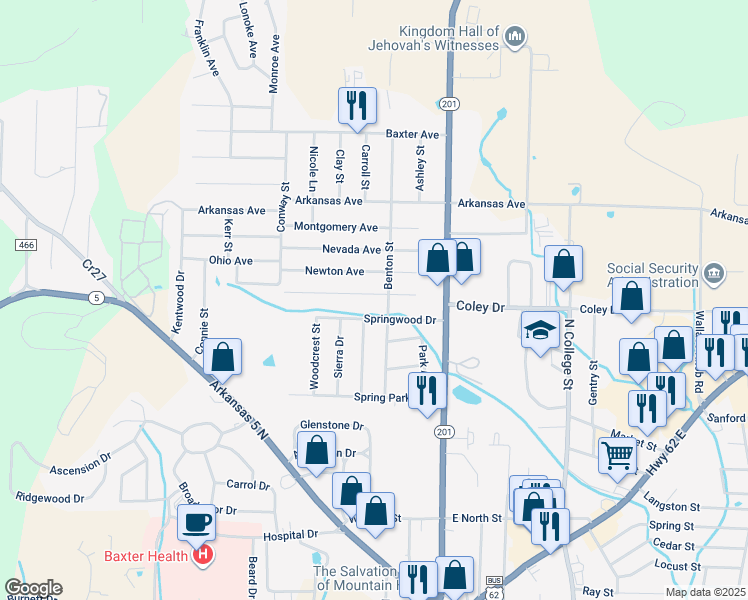 map of restaurants, bars, coffee shops, grocery stores, and more near 405 Ouachita Avenue in Mountain Home