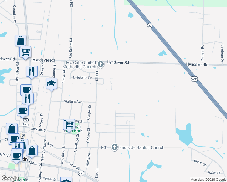 map of restaurants, bars, coffee shops, grocery stores, and more near 524 Hillsboro Street in Martin