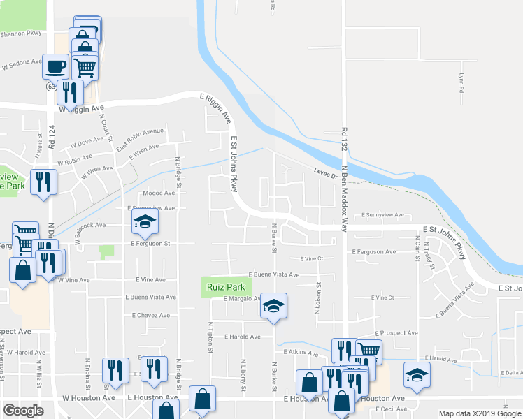 map of restaurants, bars, coffee shops, grocery stores, and more near 811 East Trinidad Avenue in Visalia