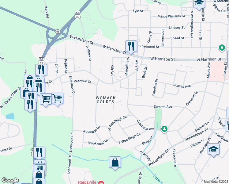 map of restaurants, bars, coffee shops, grocery stores, and more near 902 Lesley Place in Reidsville