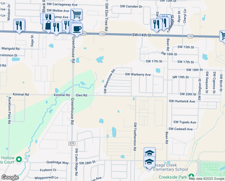 map of restaurants, bars, coffee shops, grocery stores, and more near 3301 Southwest Hillstone Avenue in Bentonville