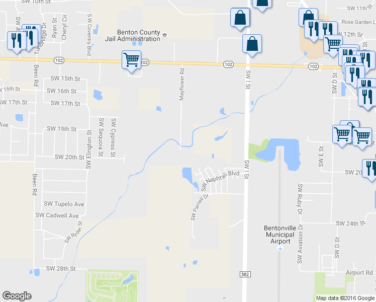 map of restaurants, bars, coffee shops, grocery stores, and more near 1809 Mayflower Road in Bentonville