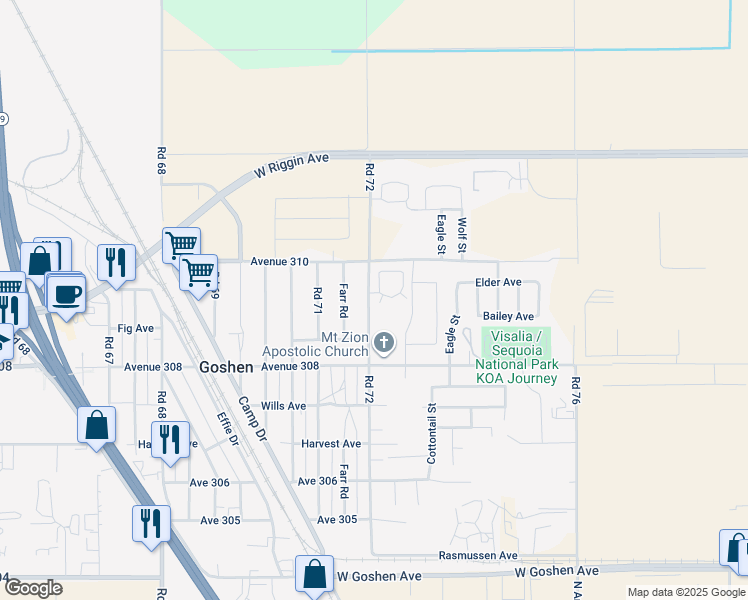 map of restaurants, bars, coffee shops, grocery stores, and more near 30850-30930 Road 72 in Visalia