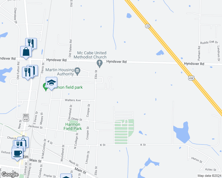 map of restaurants, bars, coffee shops, grocery stores, and more near 524 Hillsboro Street in Martin