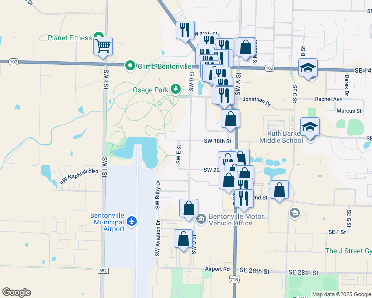 map of restaurants, bars, coffee shops, grocery stores, and more near 1808 Southwest D Street in Bentonville