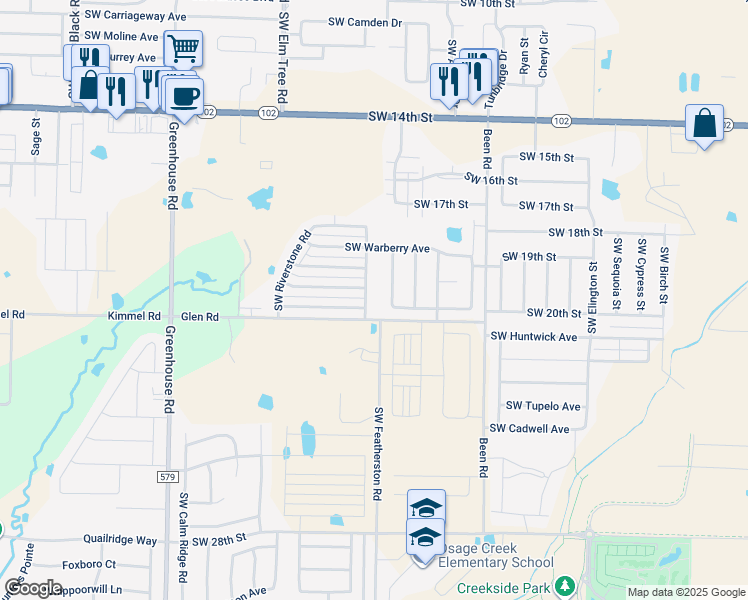 map of restaurants, bars, coffee shops, grocery stores, and more near 2103 Southwest Stonegrove Road in Bentonville