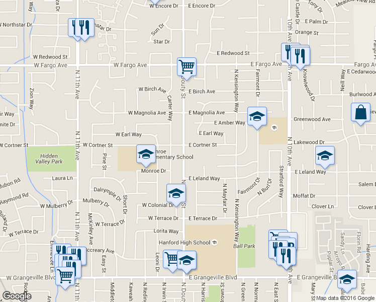 map of restaurants, bars, coffee shops, grocery stores, and more near 2195 North Douty Street in Hanford