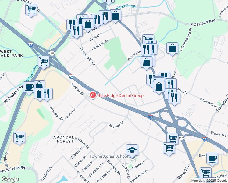 map of restaurants, bars, coffee shops, grocery stores, and more near 2611 Browns Mill Road in Johnson City