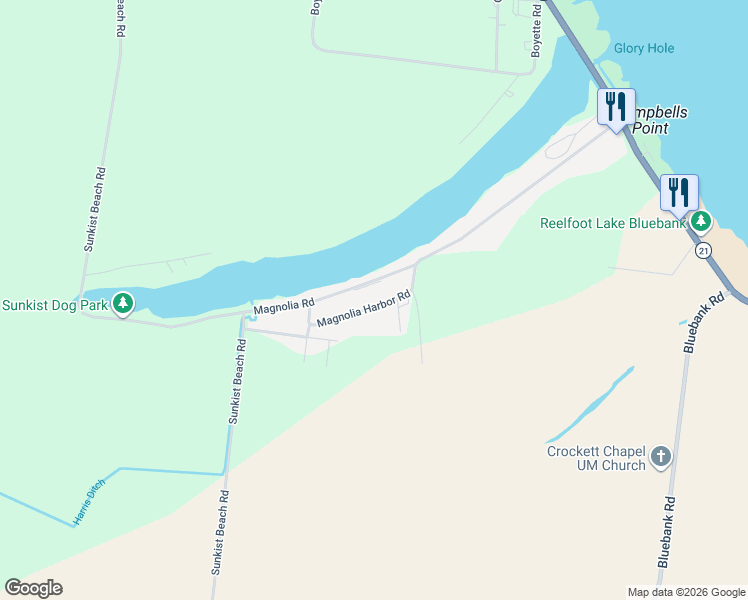 map of restaurants, bars, coffee shops, grocery stores, and more near 190 Magnolia Harbor Road in Tiptonville