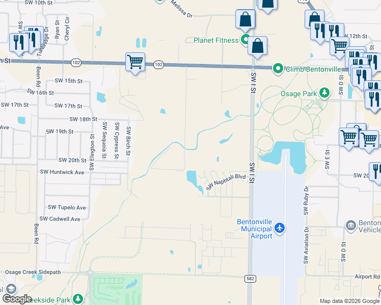 map of restaurants, bars, coffee shops, grocery stores, and more near 1809 Mayflower Road in Bentonville