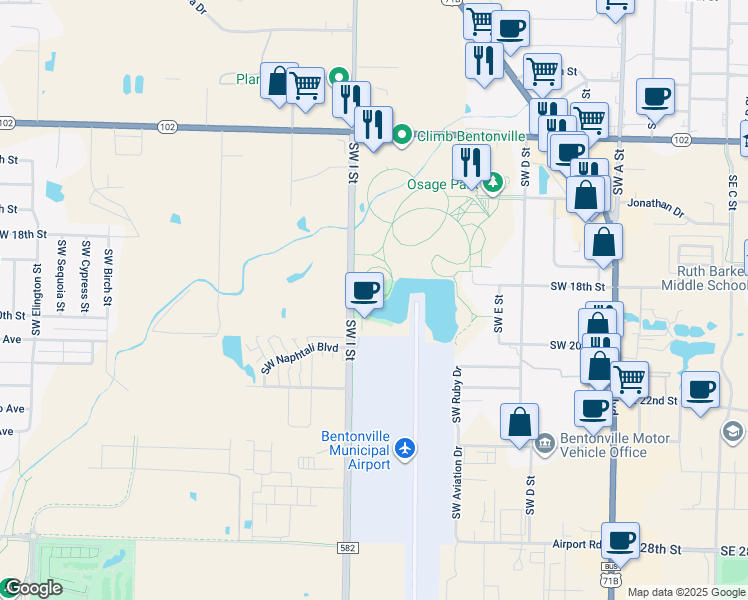 map of restaurants, bars, coffee shops, grocery stores, and more near 2100 Southwest I Street in Bentonville