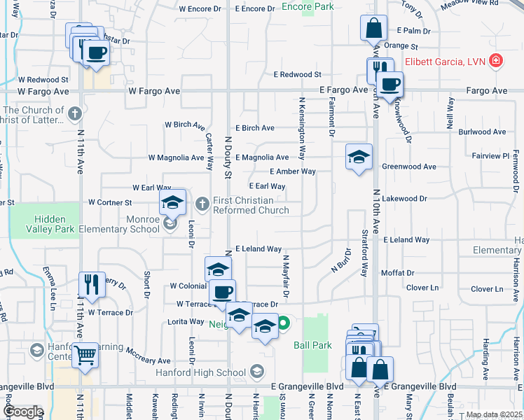 map of restaurants, bars, coffee shops, grocery stores, and more near 201 East Cortner Street in Hanford