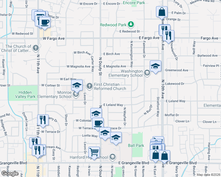 map of restaurants, bars, coffee shops, grocery stores, and more near 201 East Cortner Street in Hanford
