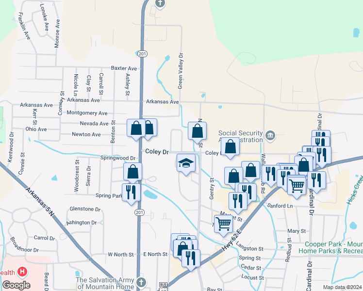 map of restaurants, bars, coffee shops, grocery stores, and more near 21 Northstar Circle in Mountain Home