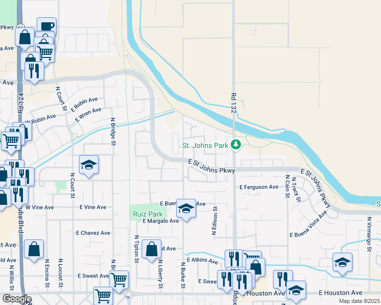 map of restaurants, bars, coffee shops, grocery stores, and more near 2328 North Burke Street in Visalia