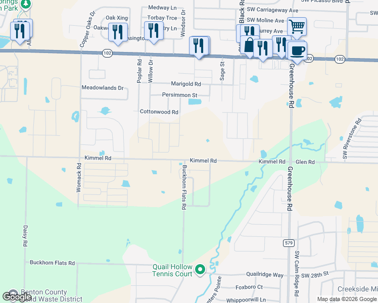 map of restaurants, bars, coffee shops, grocery stores, and more near 1610 Kimmel Road in Centerton