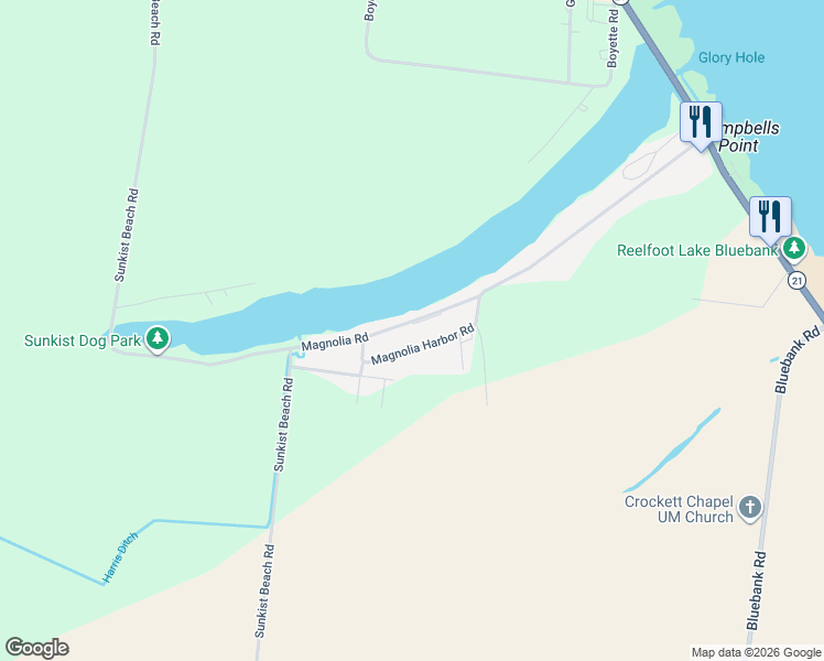 map of restaurants, bars, coffee shops, grocery stores, and more near 190 Magnolia Harbor Road in Tiptonville