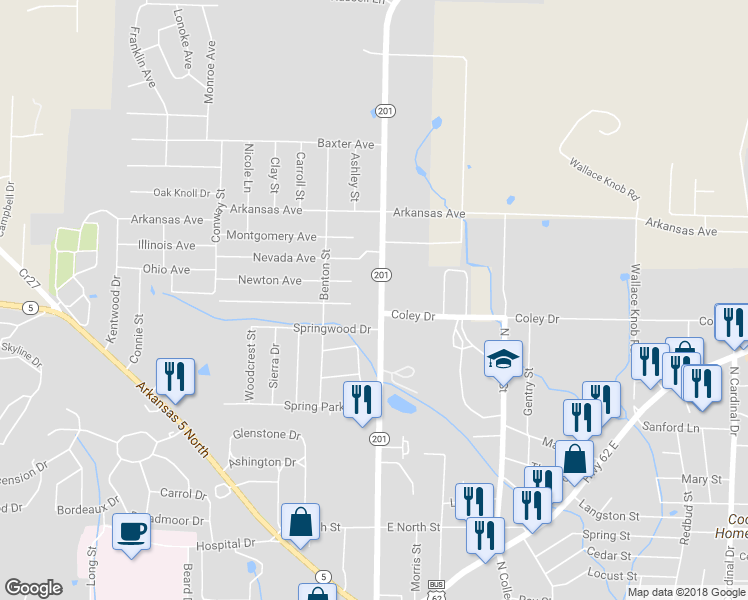 map of restaurants, bars, coffee shops, grocery stores, and more near 820 Arkansas 201 in Mountain Home
