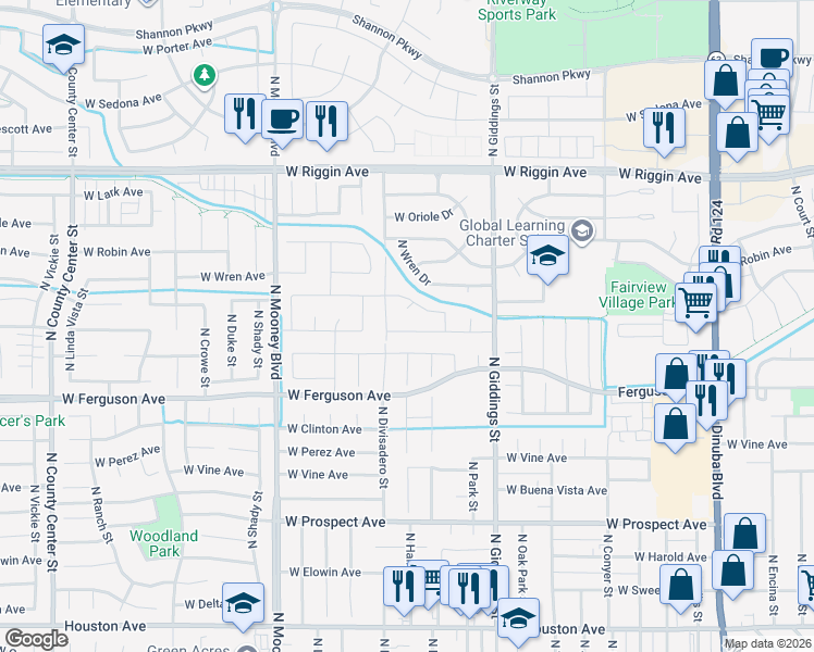 map of restaurants, bars, coffee shops, grocery stores, and more near 1600 West Sunnyview Avenue in Visalia