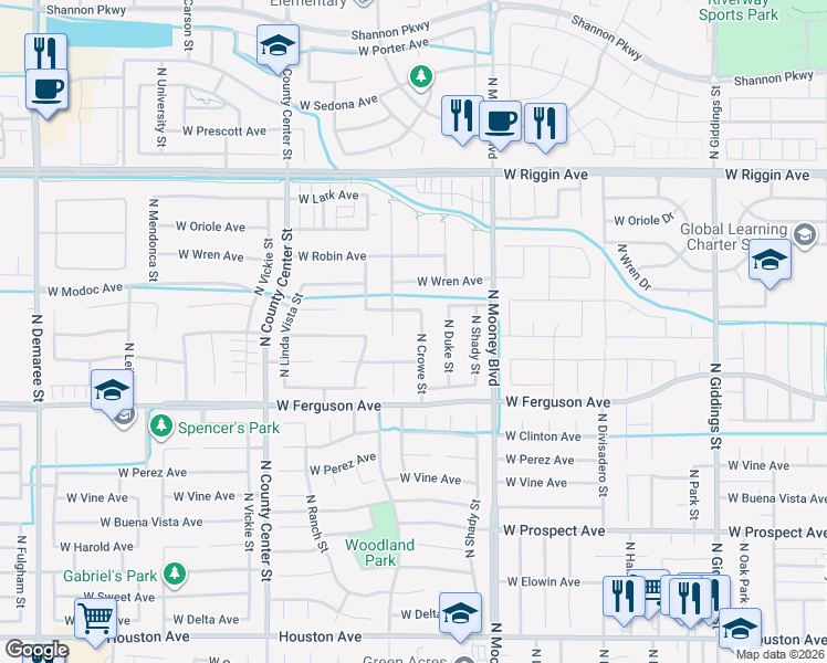 map of restaurants, bars, coffee shops, grocery stores, and more near 2329 North Crowe Street in Visalia