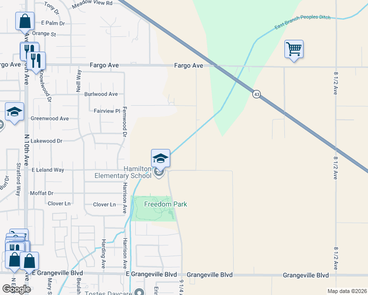 map of restaurants, bars, coffee shops, grocery stores, and more near 8360 9 1/4 Ave in Hanford
