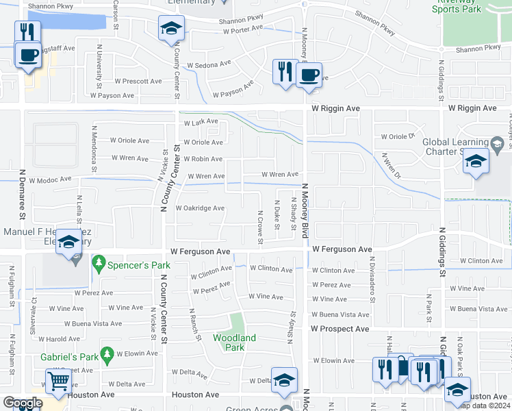 map of restaurants, bars, coffee shops, grocery stores, and more near 2403 North Crowe Street in Visalia