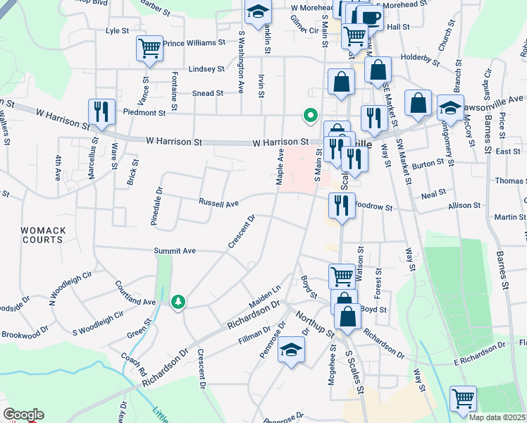 map of restaurants, bars, coffee shops, grocery stores, and more near 706 Crescent Drive in Reidsville