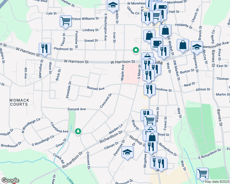 map of restaurants, bars, coffee shops, grocery stores, and more near 706 Crescent Drive in Reidsville