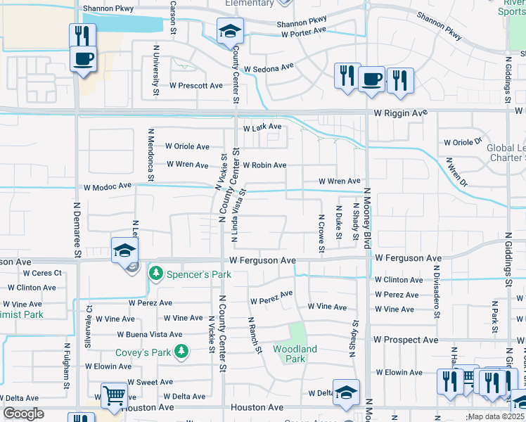 map of restaurants, bars, coffee shops, grocery stores, and more near 2643 West Oakridge Avenue in Visalia