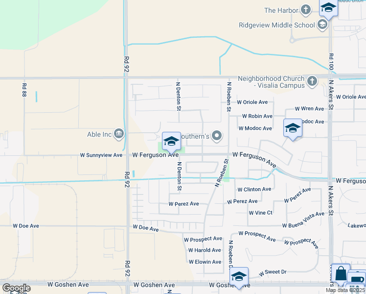 map of restaurants, bars, coffee shops, grocery stores, and more near 6348 West Thompson Avenue in Visalia