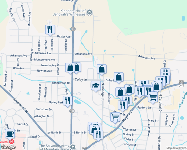 map of restaurants, bars, coffee shops, grocery stores, and more near 21 Northstar Circle in Mountain Home