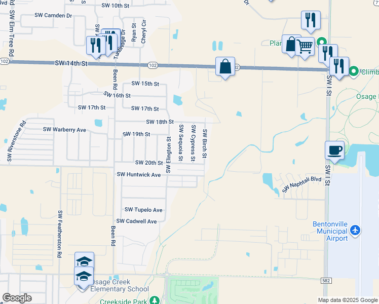 map of restaurants, bars, coffee shops, grocery stores, and more near 1908 Southwest Cypress Street in Bentonville